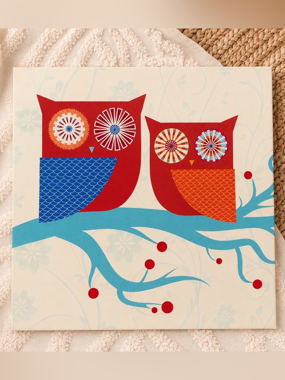Large Mid-Century Modern Owl Canvas Wall Art 19.5” Red Blue Retro Pop Art